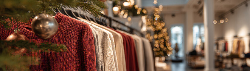 Small business Christmas branding with cozy sweaters hanging in festive store creating warm holiday shopping atmosphere and joyful seasonal spirit