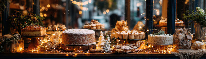 Small business Christmas branding shines through this festive bakery window display with cakes and lights creating warm holiday atmosphere