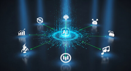 Artificial intelligence concept with glowing icons and data streams