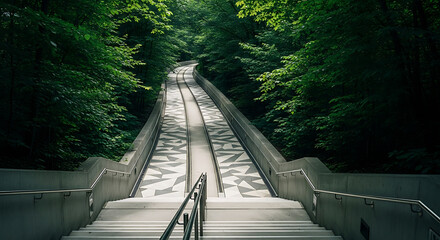 Long staircase leading up through a lush green forest canopy