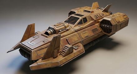 A futuristic spaceship with a weathered, desertlike color scheme is displayed
