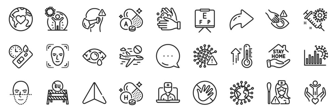 Nurse, Volunteer and Coronavirus line icons pack. Share, Message, Paper plane icons. Do not touch, Donation, Face detection web icon. Vitamin a, Covid virus, Eu close borders pictogram. Vector