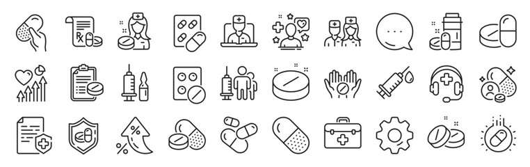 Medical drugs line icons. Settings gear, Message, Inflation icons. Healthcare, Prescription and Pill signs. Pharmacy drugs, medical nurse, recipe pill icons. Vector