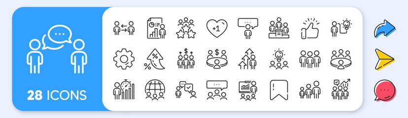 Meeting line icons. Interest rate, AI generate, Inflation icons. Conference, seminar, classroom. Team, work and business idea icons. Discussion, classroom job, people management. Vector
