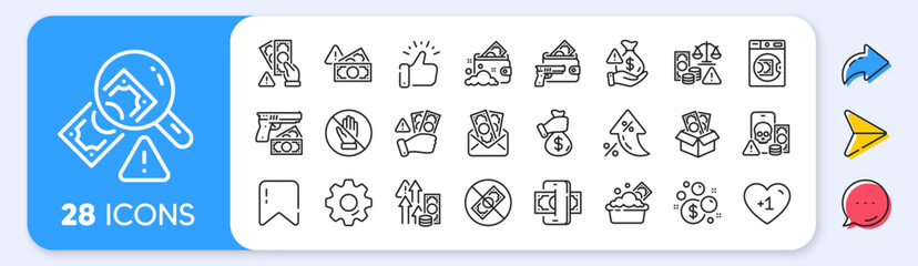 Money crime line icons. Interest rate, AI generate, Inflation icons. Fraud, Online thief and Steal cash set. Phishing robbery, launder money crime and tax offense line icons. Vector