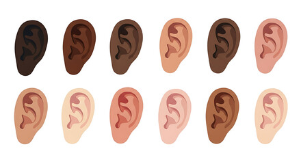 Illustration of various human ears with different skin tones isolated on white background