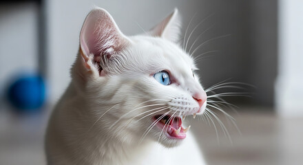 Closeup of an angry white cat with blue eyes hissing with open mouth