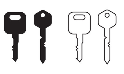 Black and white car key icons.  Motorcycle, bike and car key icon. Minimalist illustration showing four simple key icons in black and white, representing access, security, and password concepts.
