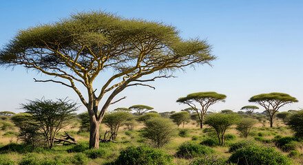 Acacia tree in the african savanna against a clear blue sky