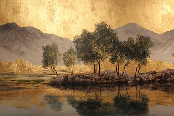 Serene Lakeside Landscape with Trees and Mountain Backdrop.