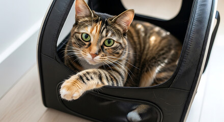 Calico cat with green eyes rests in a black pet carrier indoors