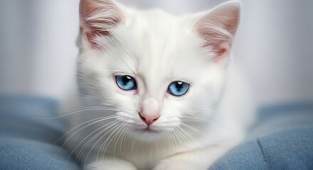 Adorable white kitten with blue eyes lying on a blue pillow indoors