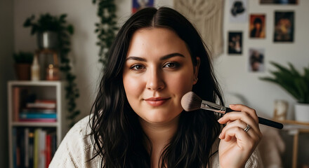 Woman applying makeup with brush for beauty and selfcare routine
