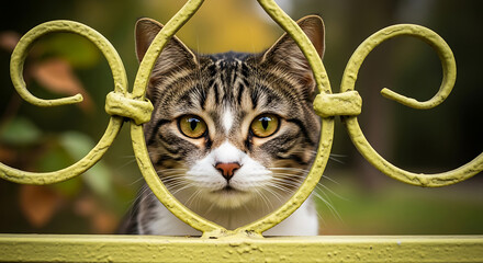 Cute tabby cat looking through decorative metal fence with curiosity