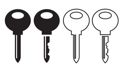 Black and white car key icons.  Motorcycle, bike and car key icon. Minimalist illustration showing four simple key icons in black and white, representing access, security, and password concepts.
