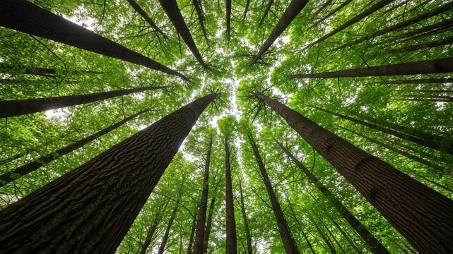 Looking up at the canopy of tall trees in a green forest in the summer