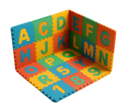 Foldable foam mat with removable letters and numbers for easy apartment storage.