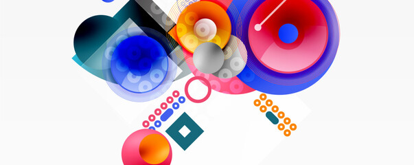 Abstract composition featuring colorful circles, squares, lines. Modern design elements create dynamic visual experience. Bright hues dominate.