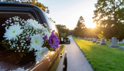 Funeral flowers in the back of a hearse driving through a cemetery at sunset.