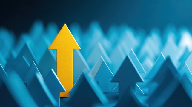 A single yellow arrow stands out from a crowd of blue arrows
