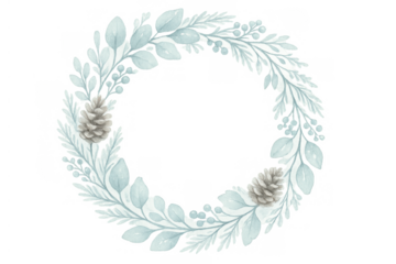 Winter botanical wreath illustration featuring pinecones, eucalyptus leaves, and berries in cool blue and green tones