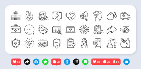 Medical rx line icons. Social media: share, comment, like icons. Ambulance, Hospital assistance, Health food diet, Laboratory tubes icons. First aid kit, Medical doctor, Prescription Rx recipe. Vector