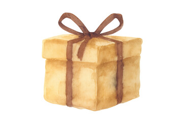 Gift box watercolor illustration with brown ribbon and bow, symbolizing celebration, holiday, giving, and joy on transparent background