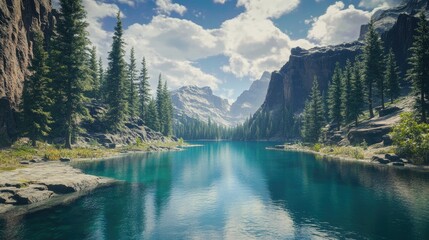 Serene mountain lake surrounded by pine trees and rocky peaks