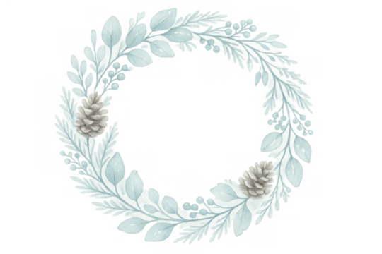 Winter botanical wreath illustration featuring pinecones, eucalyptus leaves, and berries in cool blue and green tones