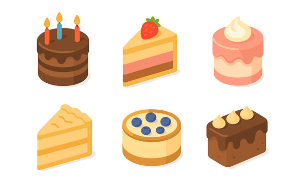 Colorful assorted cake slices with fruit and candles in isometric style