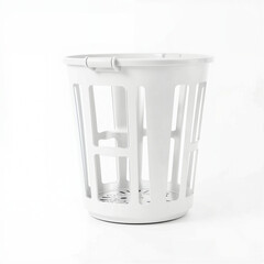 White plastic laundry basket with ventilation holes for clothing  
