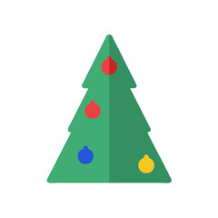 Vibrant green stylized Christmas tree with colorful red, blue, and yellow baubles, festive holiday decoration.