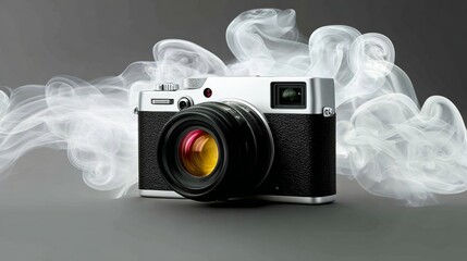 Vintage camera with a sleek design, surrounded by swirling smoke, showcasing a blend of modern technology and artistic expression, perfect for photography enthusiasts and creative projects
