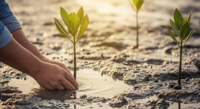 Hands Planting a Seedling in Muddy Ground Growing Hope for the Future - Powered by Adobe