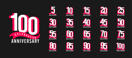 Set of modern anniversary celebration logo isolated with red ribbon on black background. vector illustration template design for web, flyers, poster, greeting card