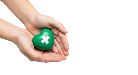 Child's hands holding green medical heart with bandage isolated on white background