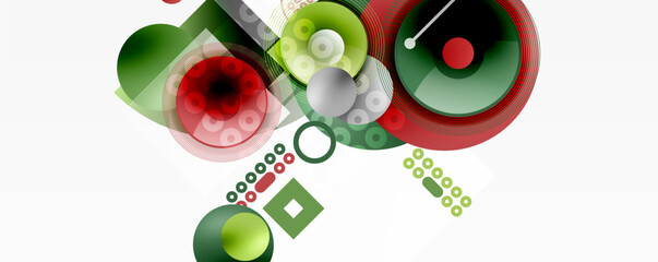 Abstract geometric design. Circles, squares, lines create dynamic composition. Green, red, gray colors dominate visual space. Modern aesthetic.