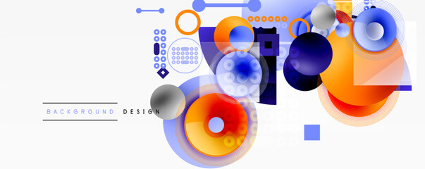 Obraz premium Abstract geometric composition. Circles, squares, lines create dynamic visual effect. Orange, blue, gray dominate color scheme. Modern design element.