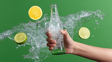Hand holding glass bottle filled with sparkling water, splashes of water surrounding it, fresh lime and lemon slices floating nearby, vibrant green background enhancing the refreshing beverage concept