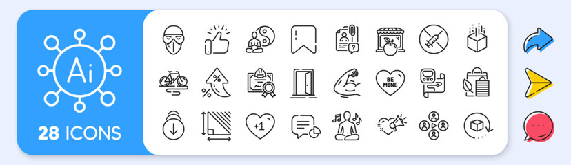 Market, Strong arm and Open door line icons. Interest rate, AI generate, Inflation icons. Pack of Yoga, Be mine, Augmented reality icon. Statistic, Yoga music, Return package pictogram. Vector