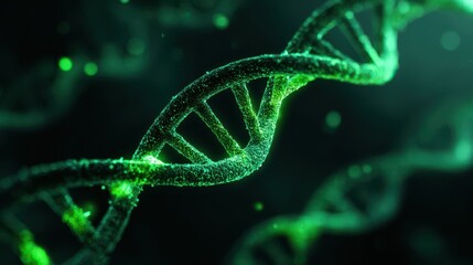 Abstract glowing green dna double helix structure on dark background