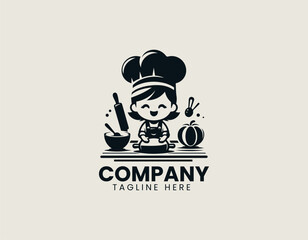 Cute cartoon girl chef kneading dough on table with flour bowl and rolling pin black vector logo design illustration
