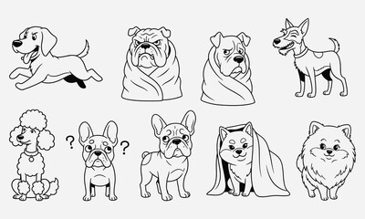Obraz premium A whimsical collection of hand-drawn monochrome dog illustrations featuring various breeds in funny and cute poses
