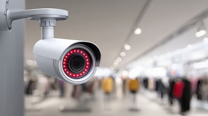 Obraz premium Security camera mounted on wall, featuring red LED lights, observing retail store environment with blurred clothing displays in the background, enhancing safety and surveillance in commercial spaces