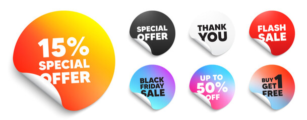 Discount sticker tag. Special offer paper price tags. 15 percent discount offer tag. Sale price promo sign. Special offer symbol. Discount, black friday sticker. Promo banner. Vector