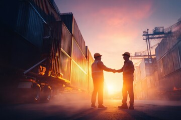 Workers Shaking Hands at Sunset in Industrial Shipping Yard with Containers