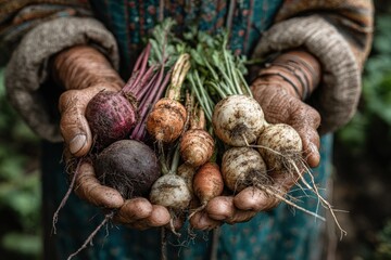 Hands of an elderly farmer holding freshly harvested colorful root vegetables, showcasing a variety of shapes and textures, symbolizing sustainable agriculture and organic farming practices