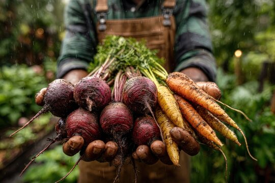 African American man proudly holds freshly harvested vegetables, including vibrant beetroots and carrots, showcasing the beauty of organic farming and sustainable agriculture practices