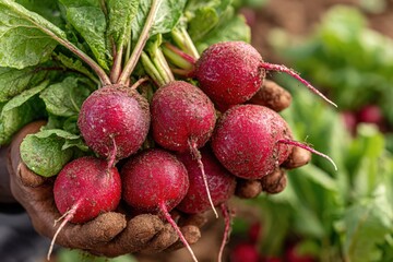 Freshly harvested red radishes with green leaves held in hands, showcasing earthy textures and vibrant colors, representing organic farming and healthy eating lifestyle
