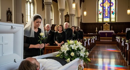 Woman, rose and coffin at funeral for farewell service, mourning death and goodbye at burial ceremony. 